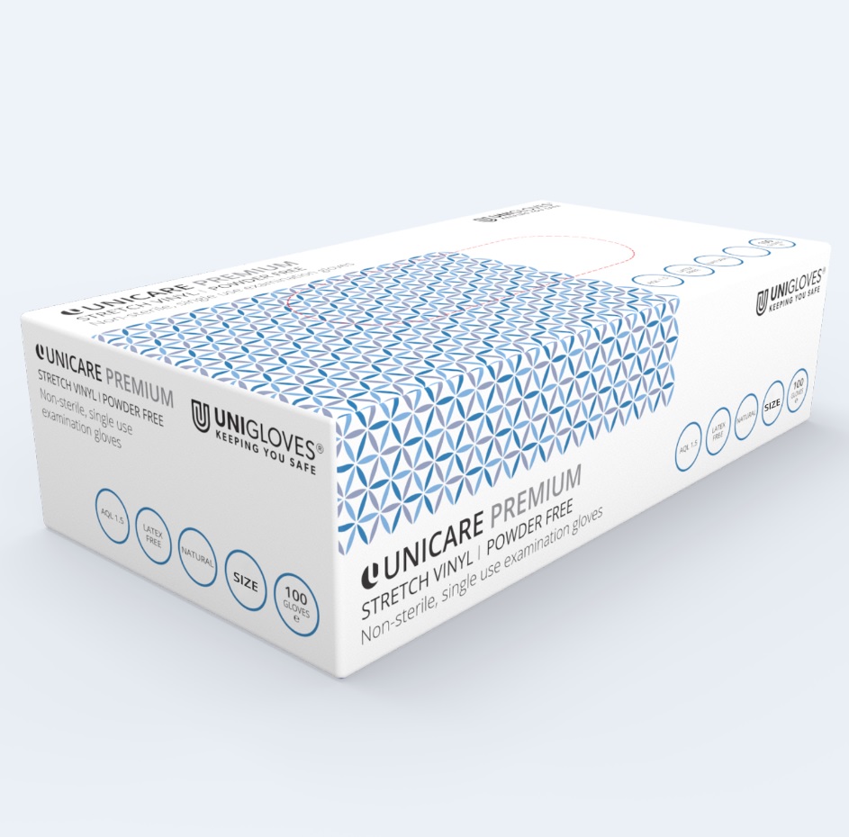 UNICARE PREMIUM Stretch Vinyl Powder FREE Gloves (Medium) - Pack of 100