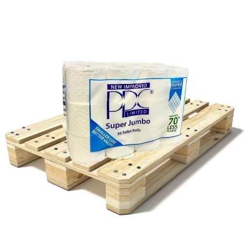 Pallet of PPC Super Jumbo Toilet Rolls, 36 Rolls Loose Packed, 2ply Pure Tissue (70% less plastic) (42 cases)