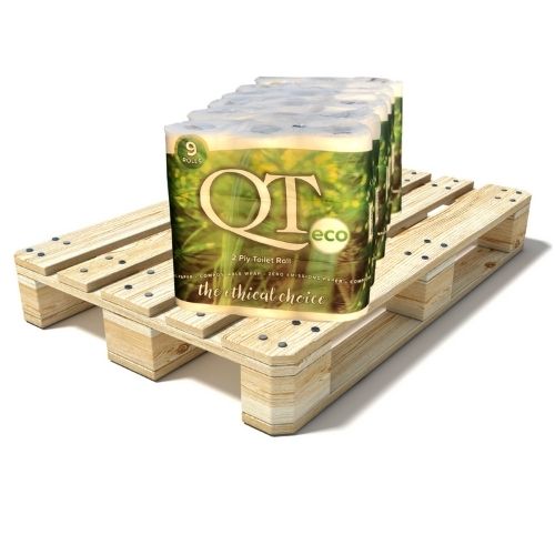 Pallet of QT ECO Enviromentally Friendly Luxury 2ply Toilet Roll (6x9Rolls) with compostable wrap (36 cases)