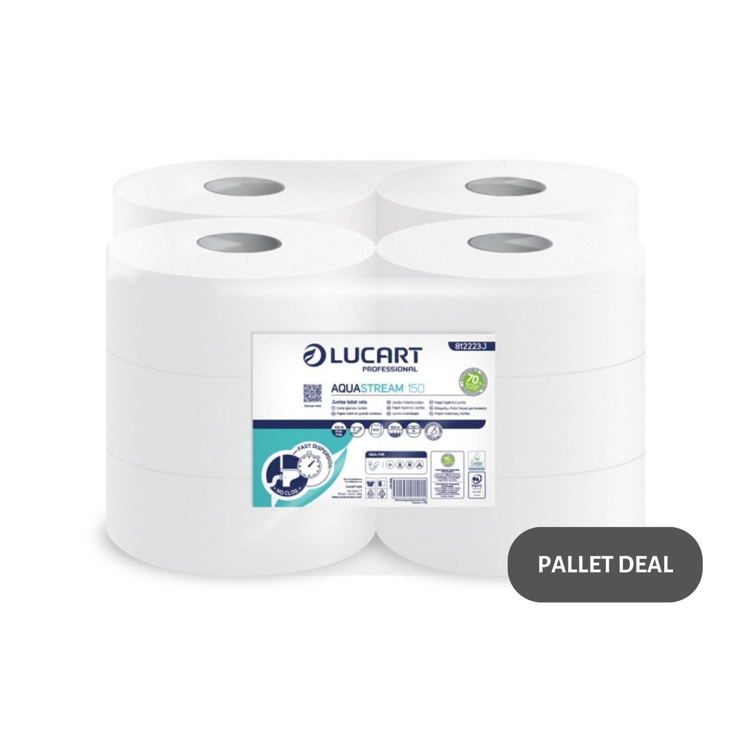 Pallet-Lucart-AquaStream-2.25--Mini-Jumbo-T-Rolls-2ply-150m-12-case--48-cases--812223J
