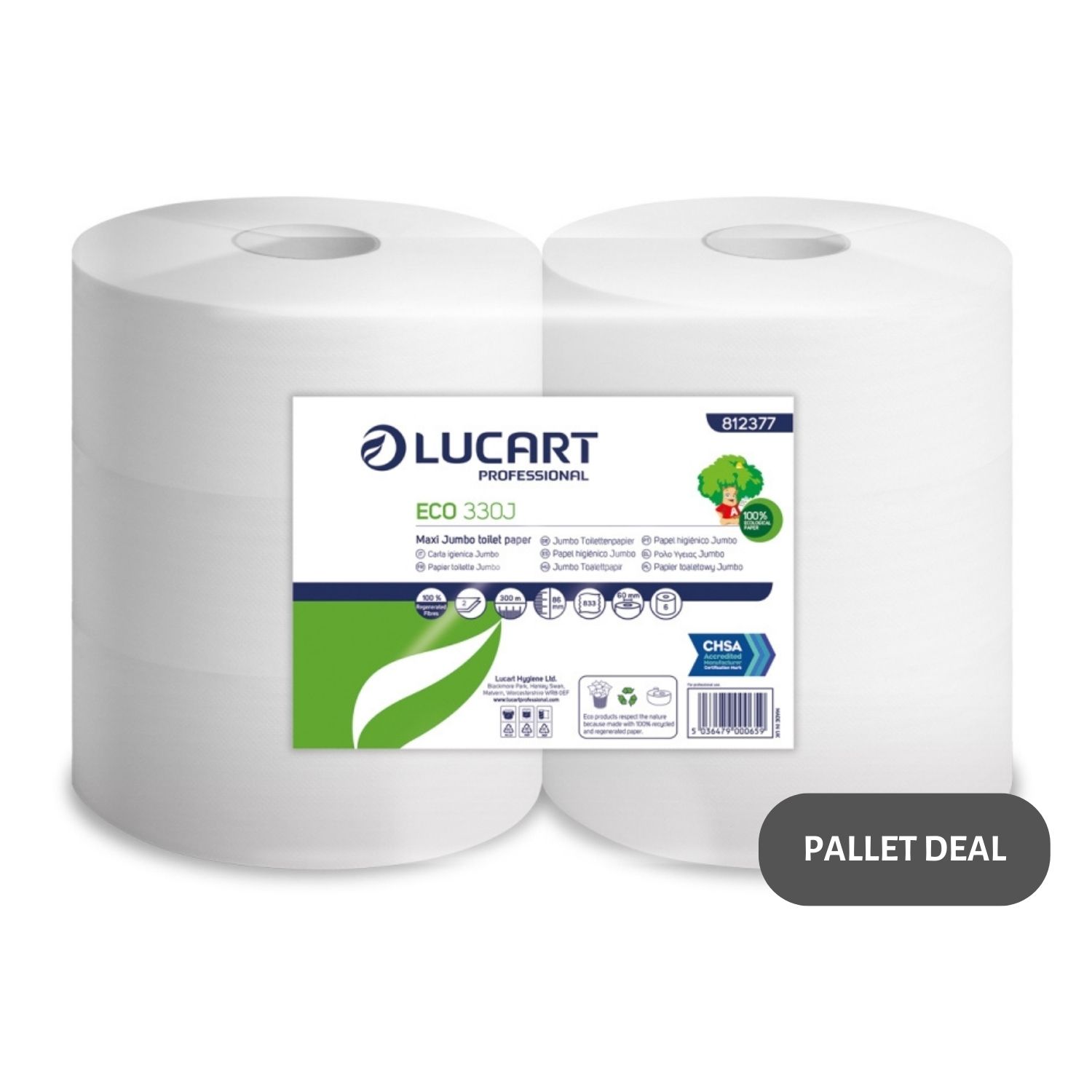 Pallet-Lucart-Recycled-2.25--Std-Jumbo-T-Rolls-2ply-300m-6-case--80-cases--812377