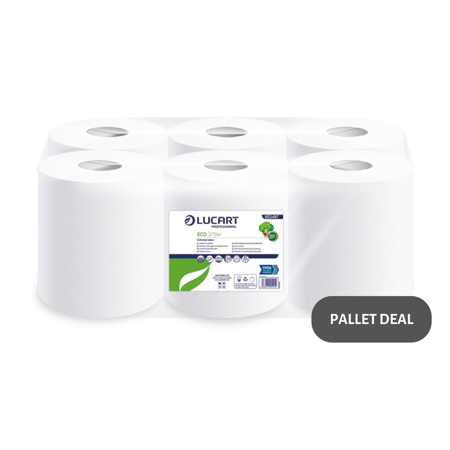 Pallet-Lucart-White-Flat-Recycled-C-feed-Rolls-2ply-150m-x-19.0cm-6-case--77-cases--852497
