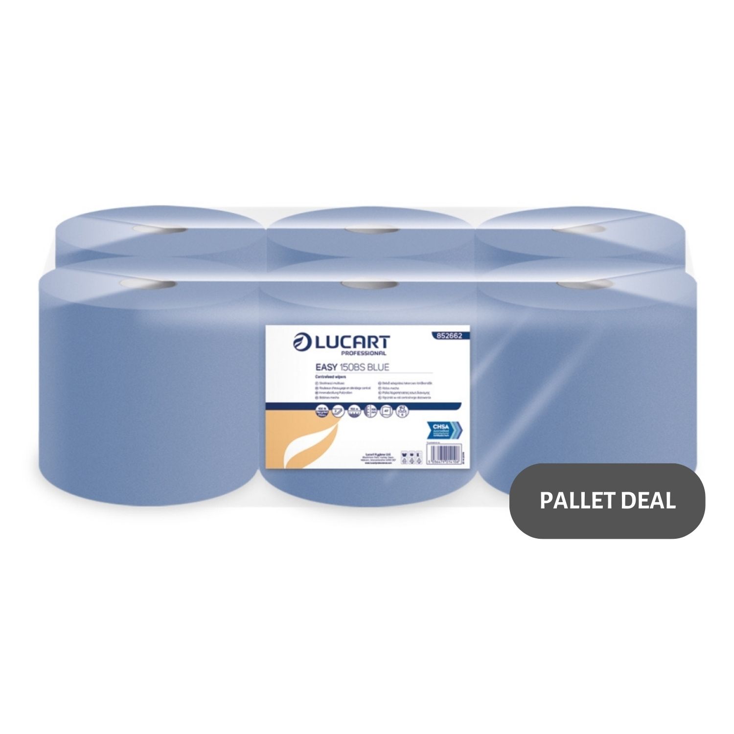 Pallet-Lucart-Blue-Flat-C-feed-Rolls-2ply-150m-x-16.6cm-6-case--84-cases--852662