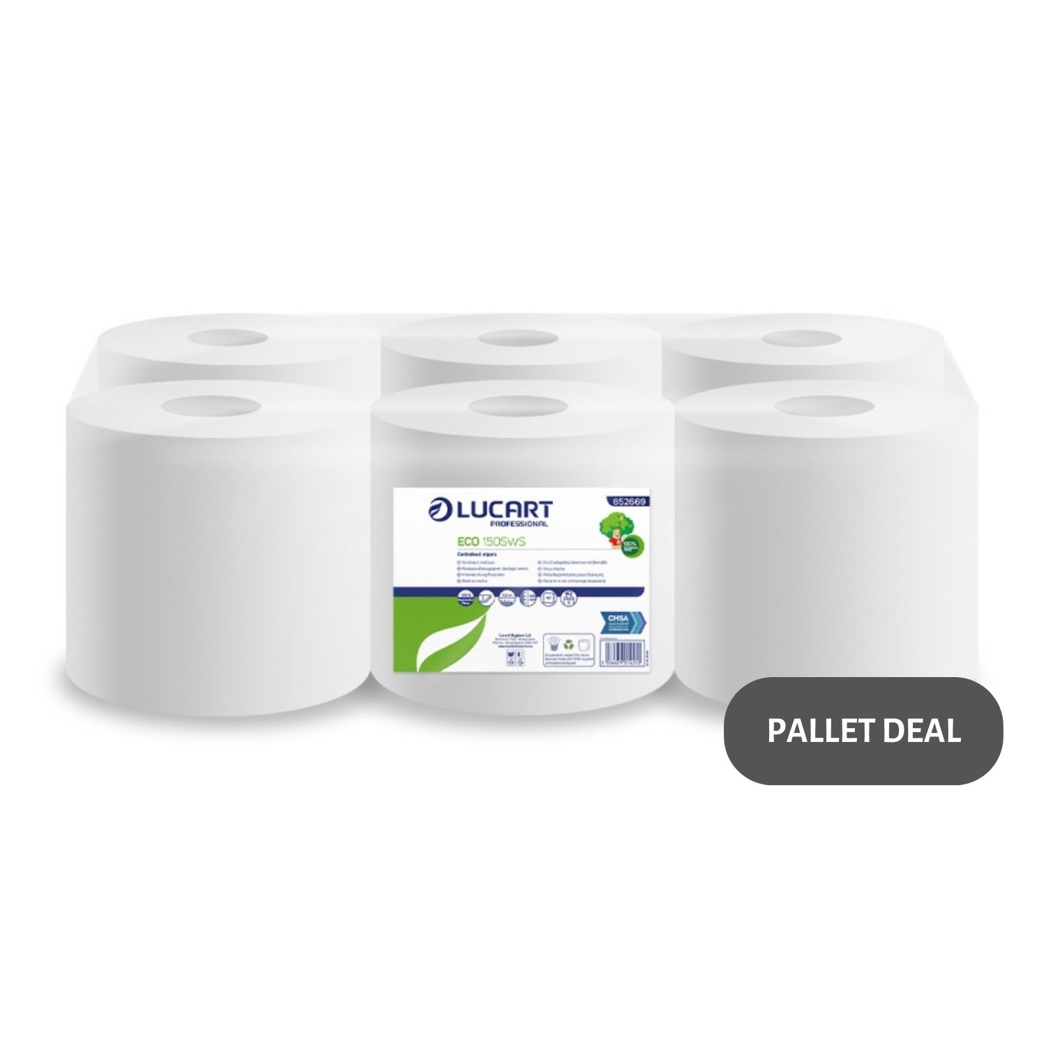Pallet-Lucart-White-Embossed-Recycled-C-feed-Rolls-2ply-150m-x-16.6cm-6-case--72-cases--852669