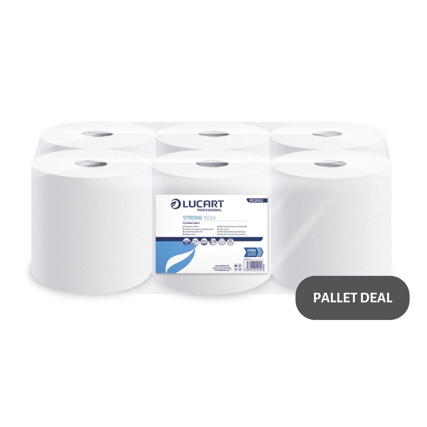 Pallet-Lucart-White-Flat-Pure-C-feed-Rolls-2ply-150m-x-16.6cm-6-case--84-cases--852692