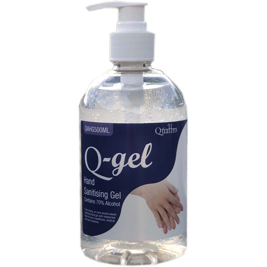 Q-Gel by Quattro Hand Sanitising Gel 70% alcohol 500mlPumps