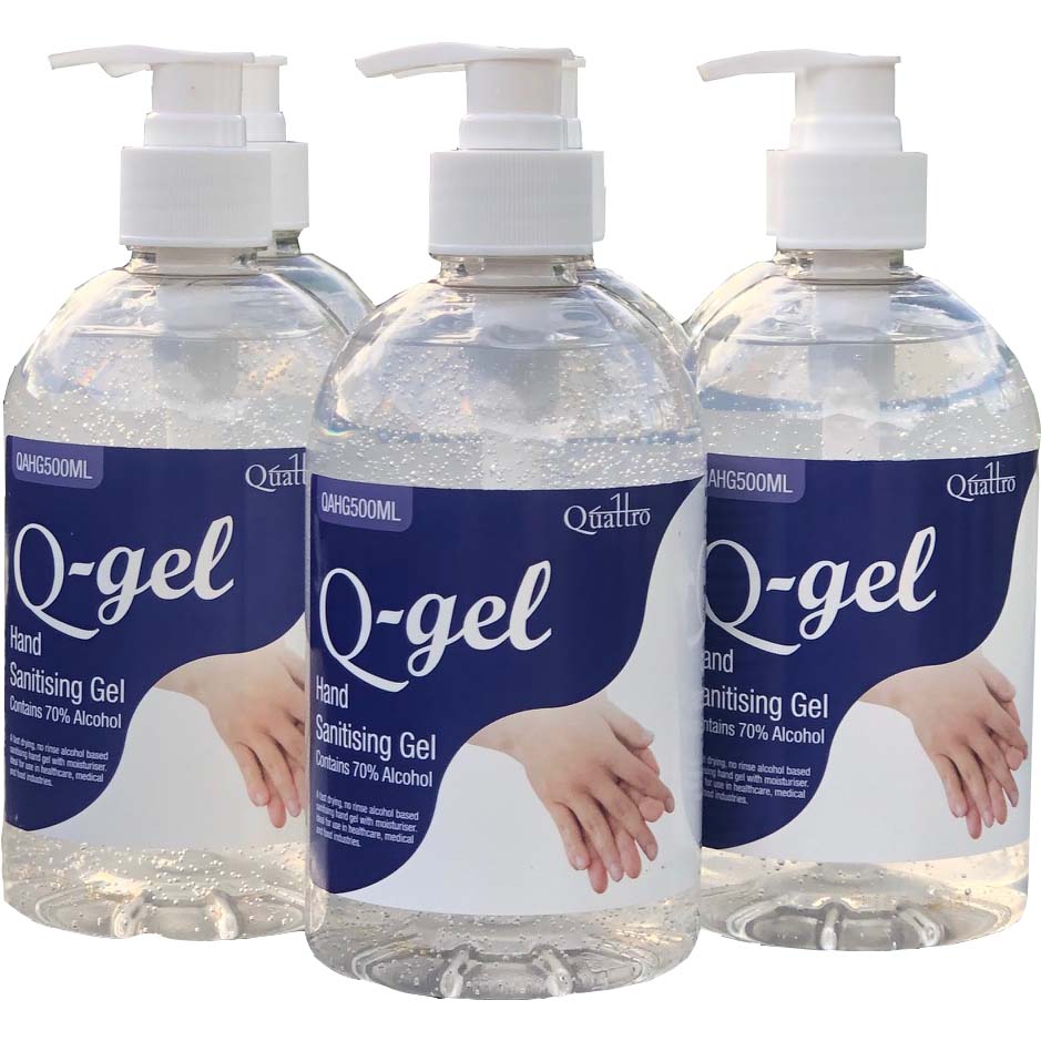 Q-Gel by Quattro Hand Sanitising Gel 70% alcohol 6x500ml Pumps
