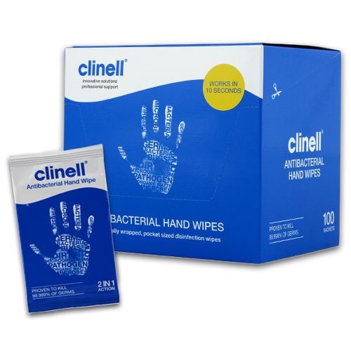 Clinell Single Antimicrobial Hand Wipe corona CAHW100 PK100 Blue Pack